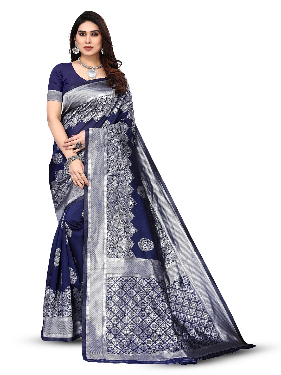 

Varanga Ethnic Motifs Woven Design Zari Art Silk Banarasi Saree, Navy blue