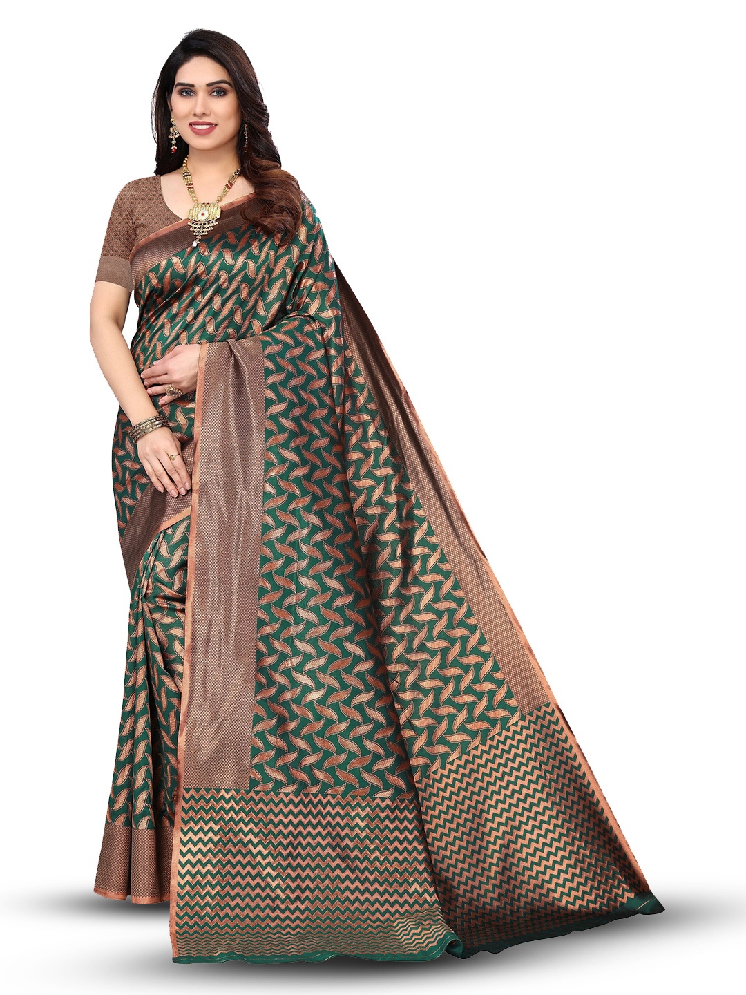 

Varanga Ethnic Motifs Woven Design Zari Art Silk Banarasi Saree, Green