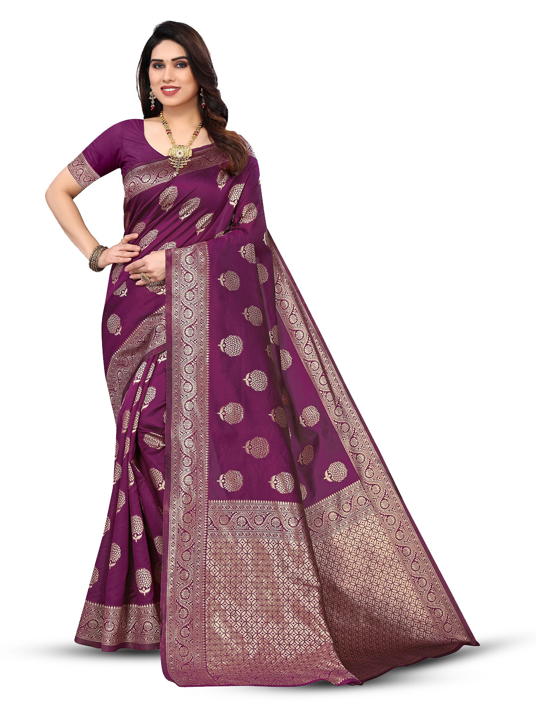 

Varanga Violet Ethnic Motifs Woven Design Zari Art Silk Banarasi Saree