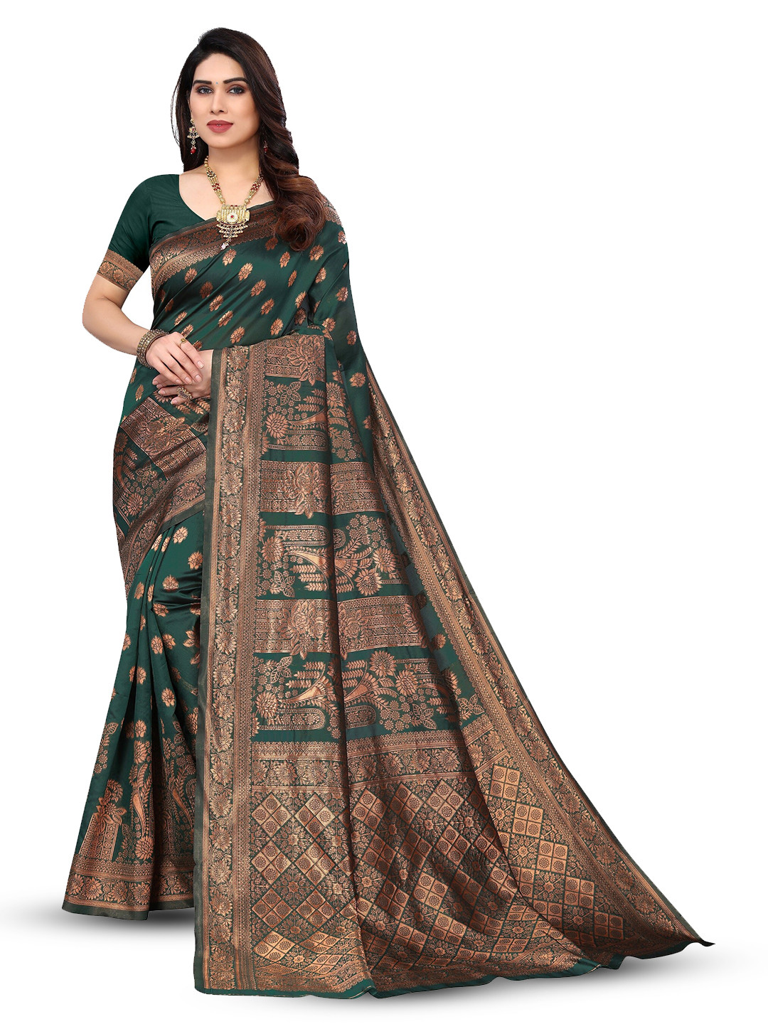 

Varanga Ethnic Motifs Woven Design Zari Art Silk Banarasi Saree, Green