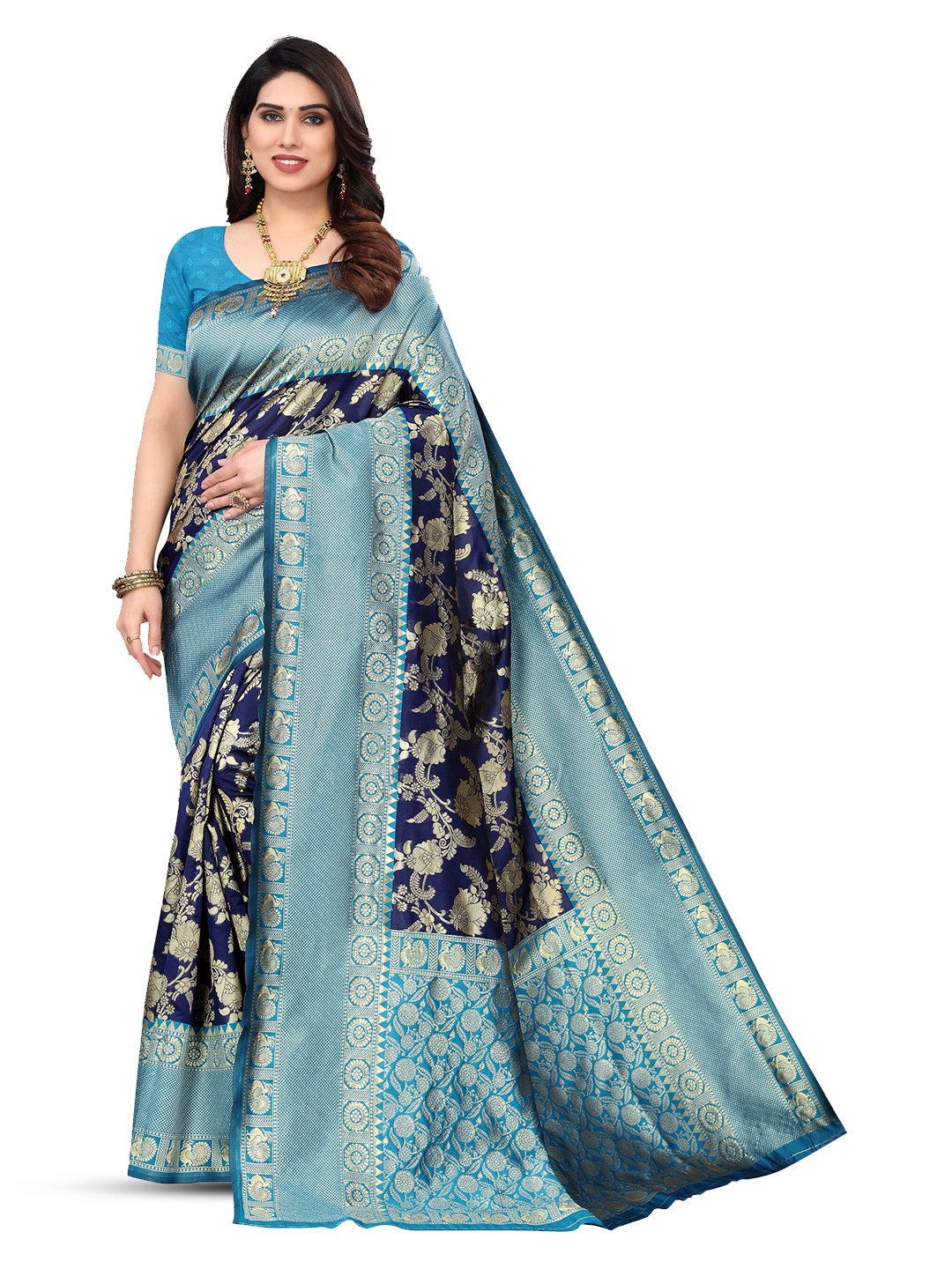 

Varanga Floral Woven Design Zari Art Silk Banarasi Saree, Turquoise blue