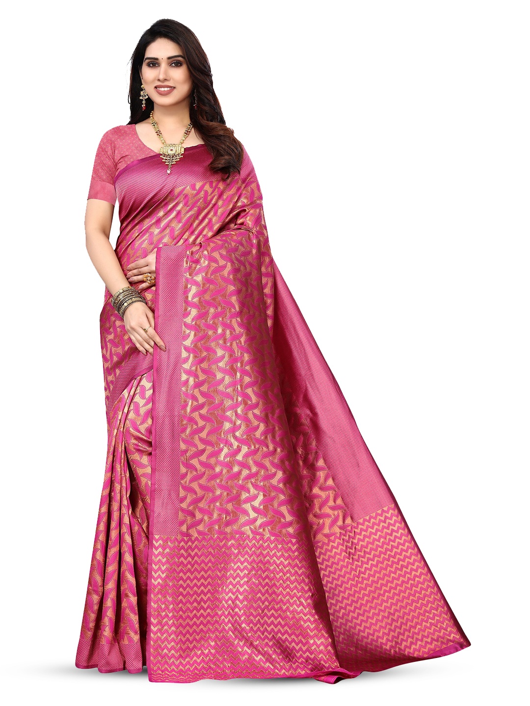 

Varanga Pink Ethnic Motifs Woven Design Zari Art Silk Banarasi Saree