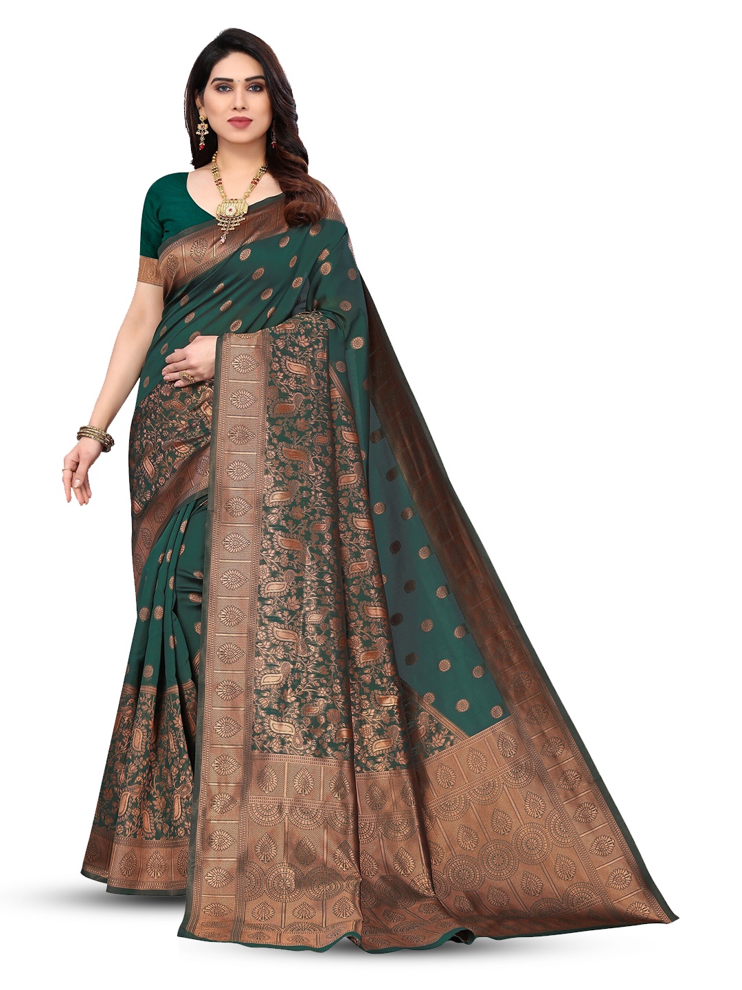 

Varanga Ethnic Motifs Woven Design Zari Banarasi Saree, Green