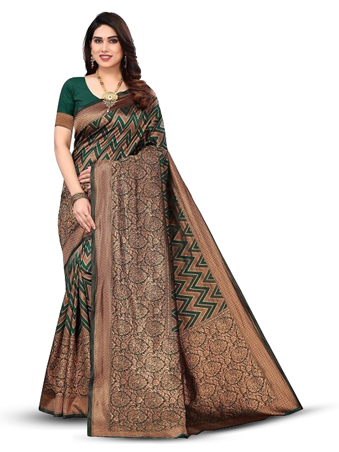

Varanga Green & Copper Toned Geometric Woven Design Zari Banarasi Saree