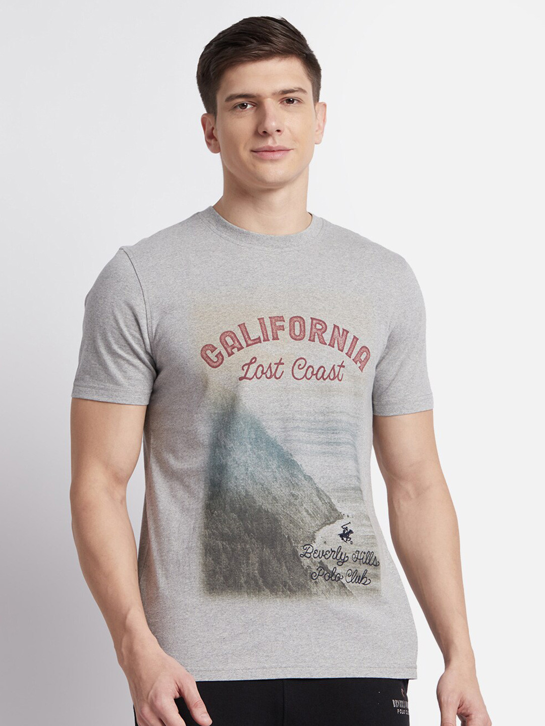 

Beverly Hills Polo Club Lost Coast Typography Printed Pure Cotton Round Neck T-shirt, Grey