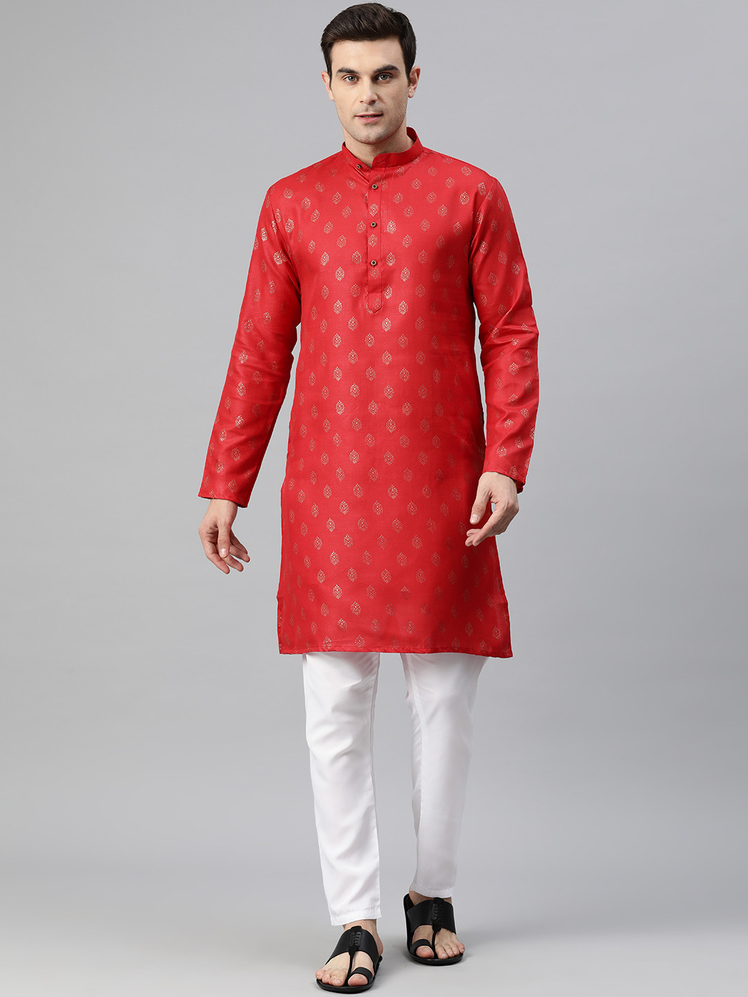

Luxrio Men Ethnic Motifs Printed Mandarin Collar Regular Kurta with Pyjamas, Pink