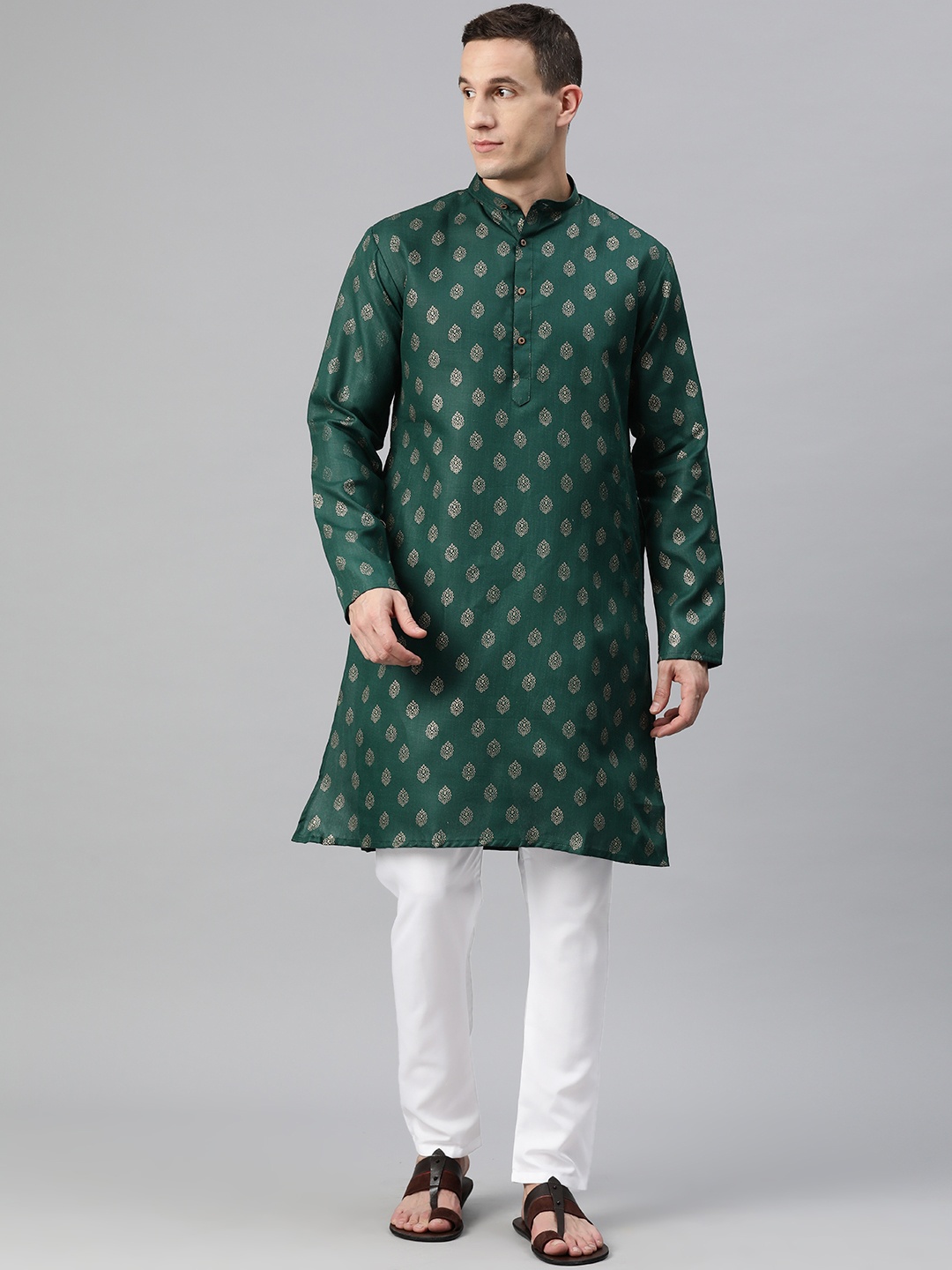 

Luxrio Men Ethnic Motifs Printed Mandarin Collar Regular Kurta with Pyjamas, Green
