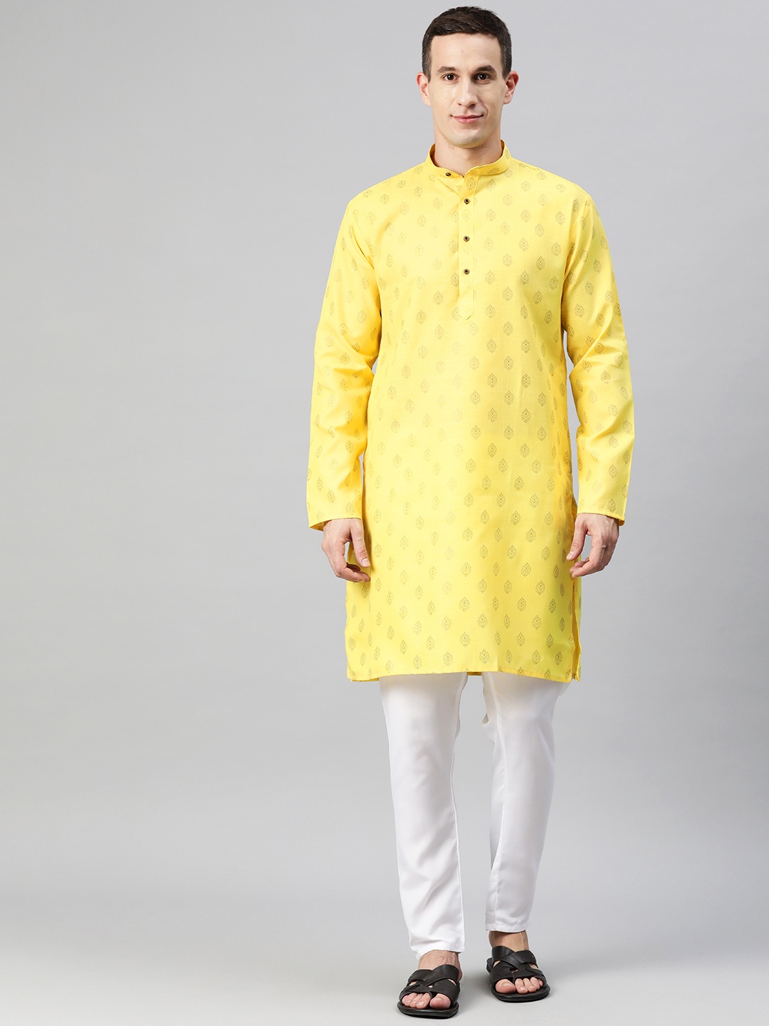 

Luxrio Men Ethnic Motifs Printed Mandarin Collar Regular Kurta with Pyjamas, Yellow