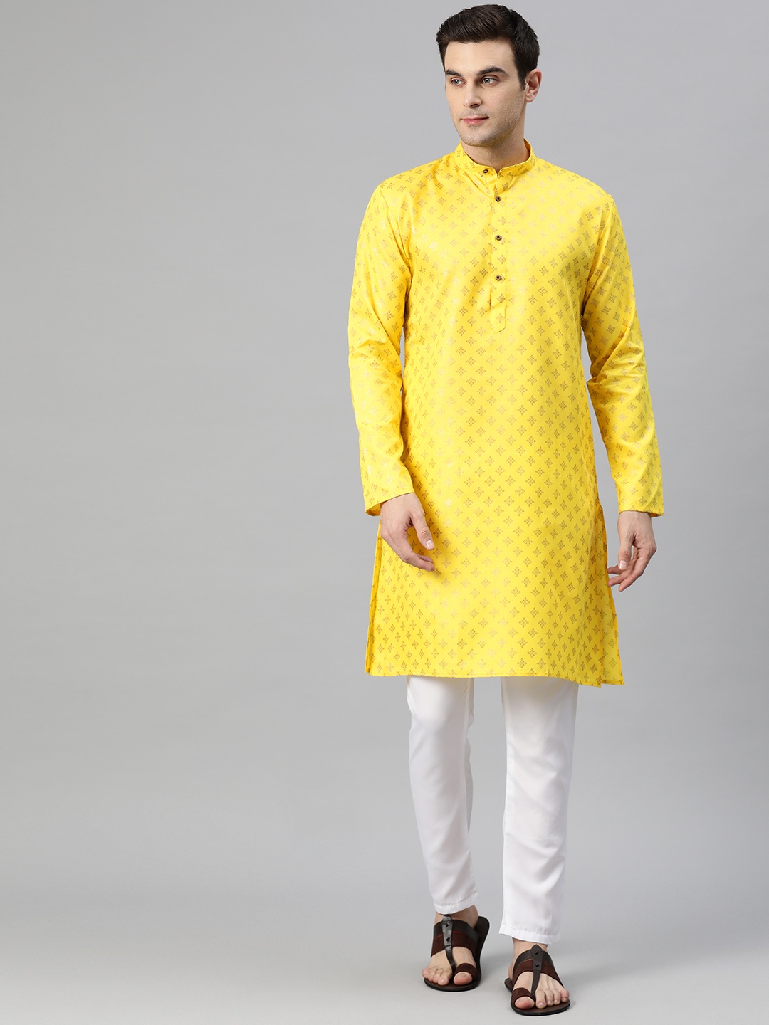 

Luxrio Men Ethnic Motifs Printed Mandarin Collar Regular Kurta with Pyjamas, Yellow