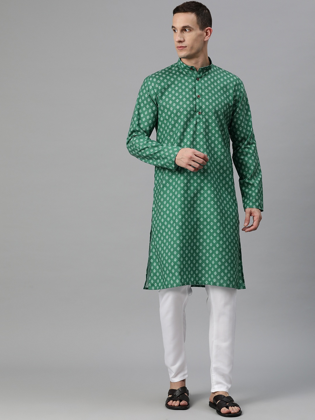 

Luxrio Men Ethnic Motifs Printed Mandarin Collar Regular Kurta with Pyjamas, Green