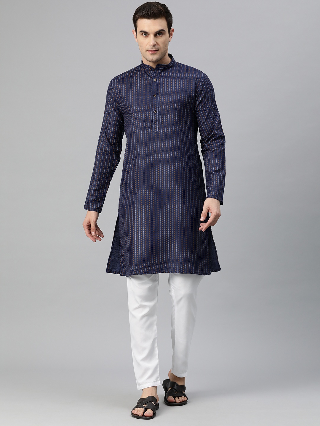 

Luxrio Men Printed Mandarin Collar Regular Kurta with Pyjamas, Navy blue