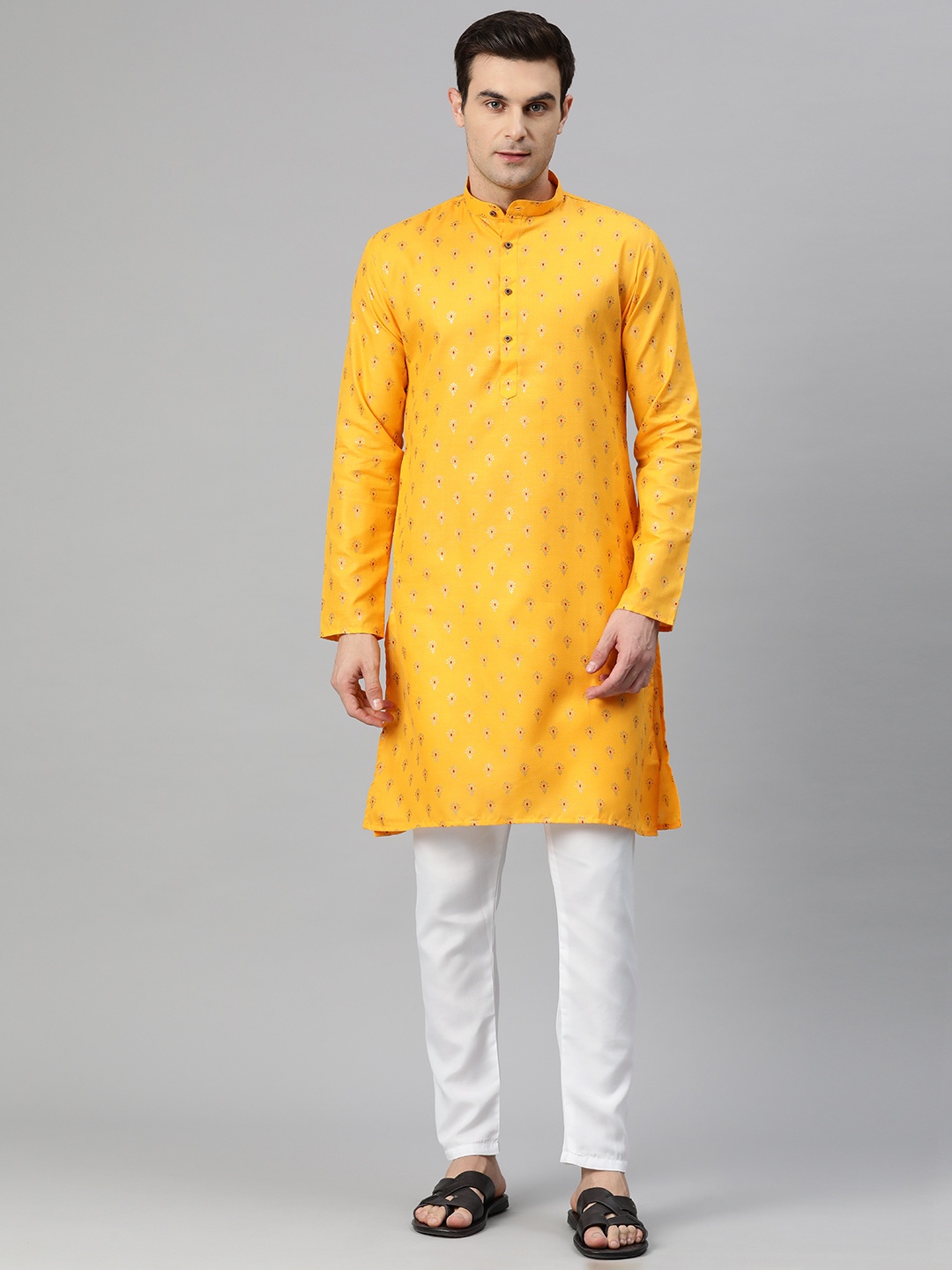 

Luxrio Men Ethnic Motifs Printed Mandarin Collar Regular Kurta with Pyjamas, Yellow