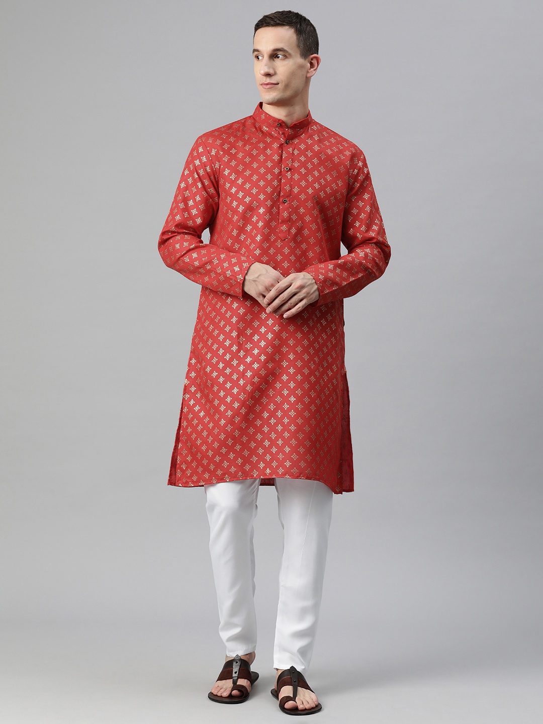 

Luxrio Men Ethnic Motifs Printed Mandarin Collar Regular Kurta with Pyjamas, Red