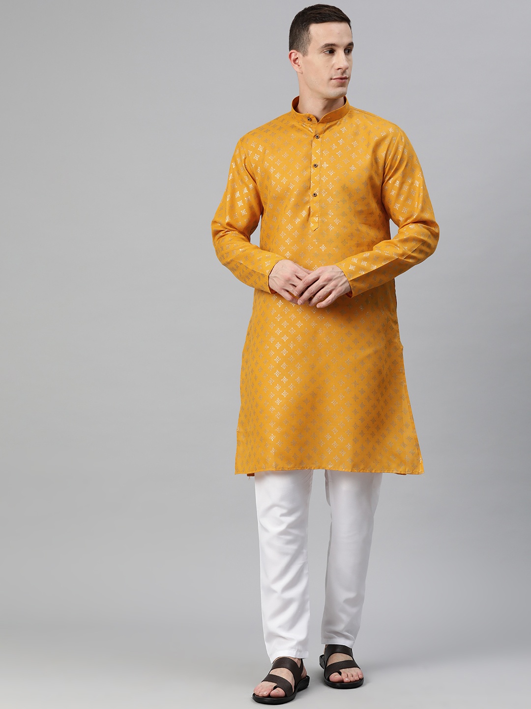 

Luxrio Men Ethnic Motifs Printed Mandarin Collar Regular Kurta with Pyjamas, Yellow