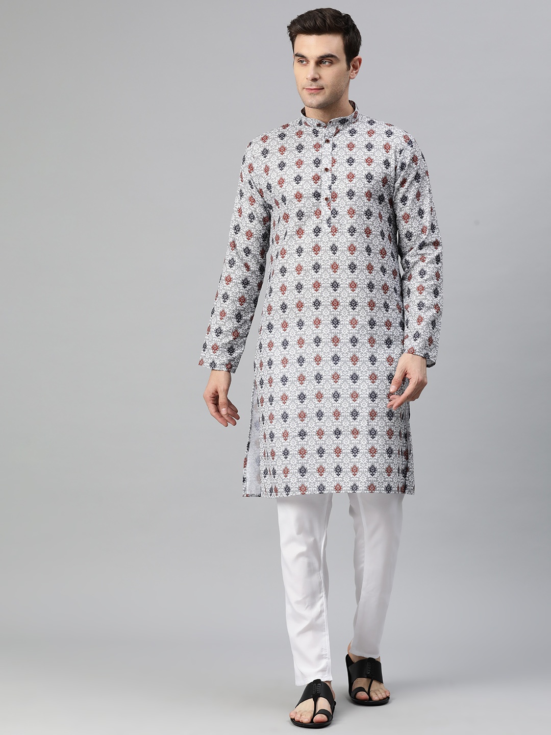 

Luxrio Men Ethnic Motifs Printed Mandarin Collar Regular Kurta with Pyjamas, White