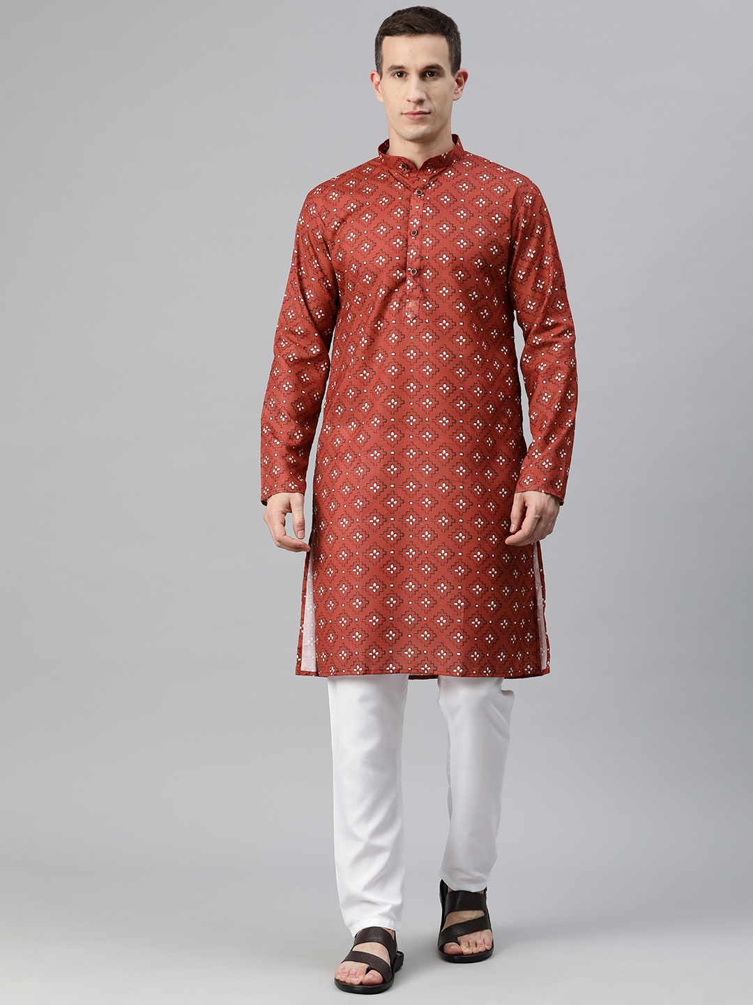 

Luxrio Men Printed Mandarin Collar Regular Kurta with Pyjamas, Maroon