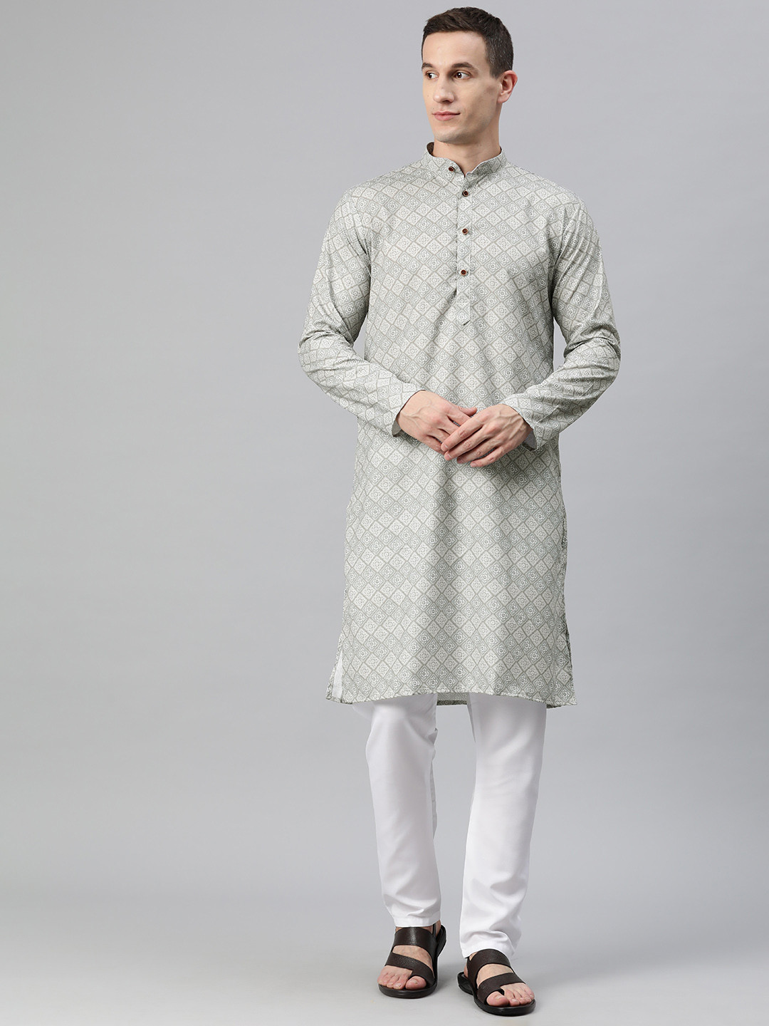 

Luxrio Men Ethnic Motifs Printed Mandarin Collar Regular Kurta with Pyjamas, Grey