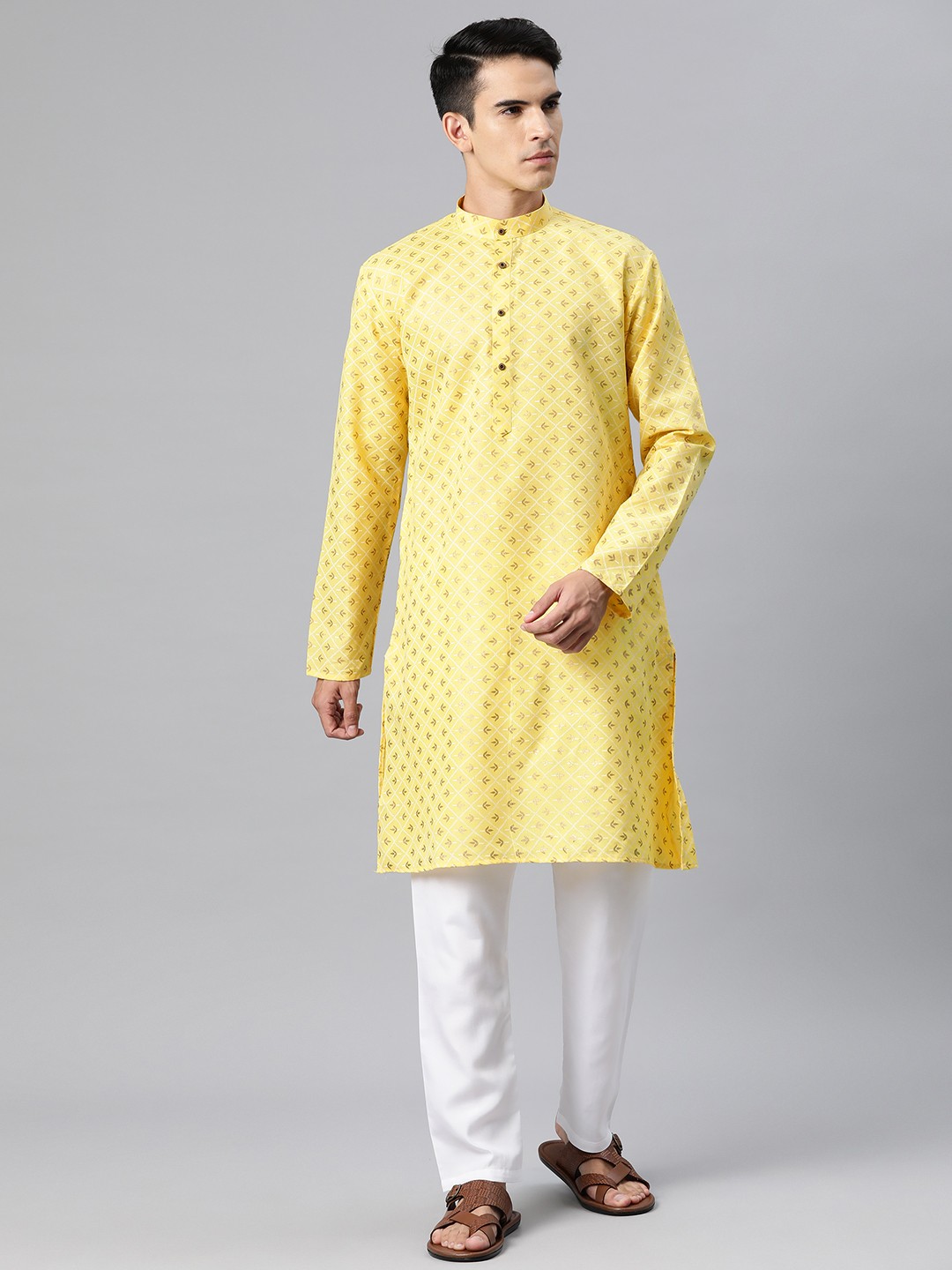 

Luxrio Men Ethnic Motifs Printed Mandarin Collar Regular Kurta with Pyjamas, Yellow
