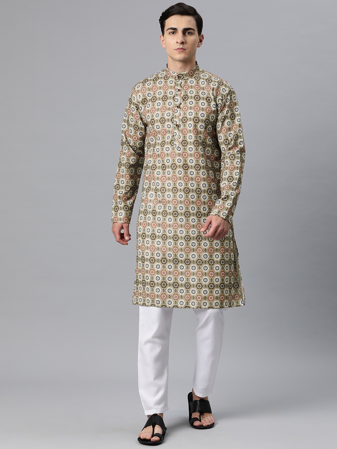 

Luxrio Men Printed Mandarin Collar Regular Kurta with Pyjamas, Yellow