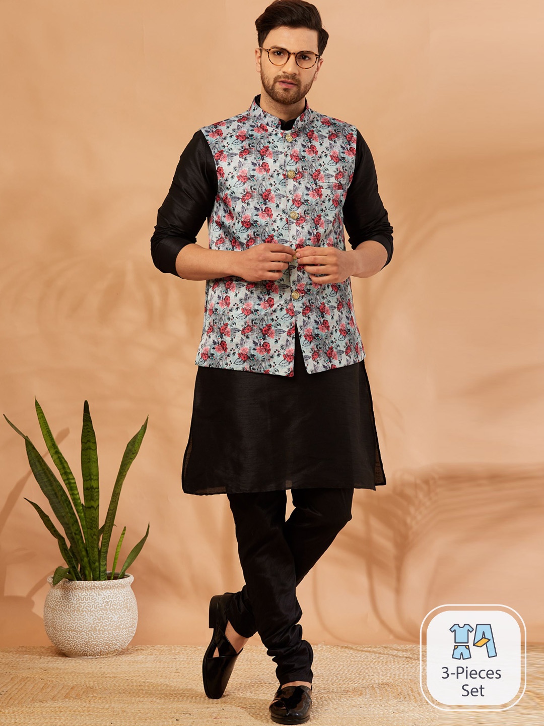

Armaan Ethnic Mandarin Collar Straight Kurta & Churidar With Nehru jacket, Black