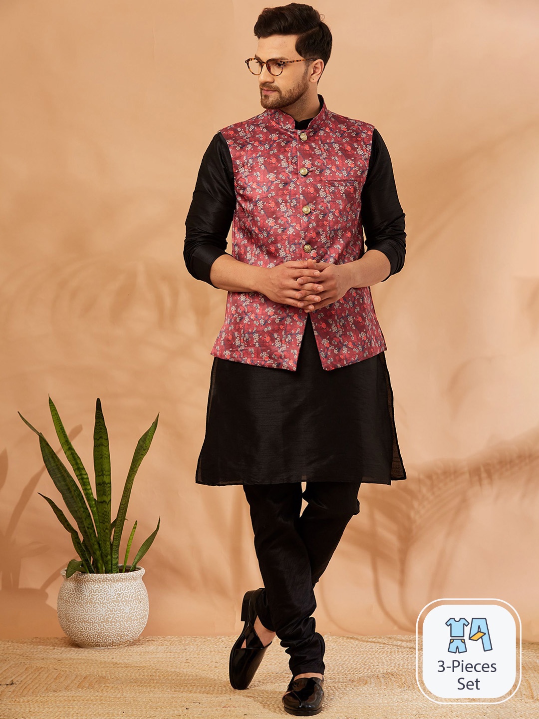 

Armaan Ethnic Band Collar Straight Kurta & Churidar With Nehru Jacket, Black