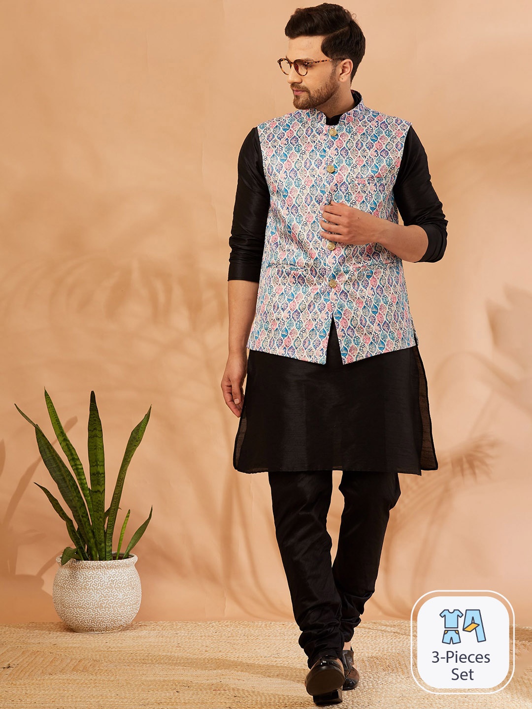 

Armaan Ethnic Mandarin Collar Straight Kurta & Churidar With Nehru jacket, Black