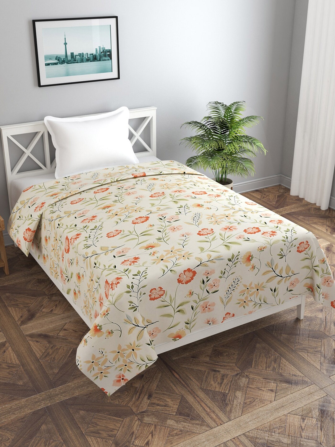 

MORADO Off White & Orange Floral-Printed Double Queen Duvet Cover