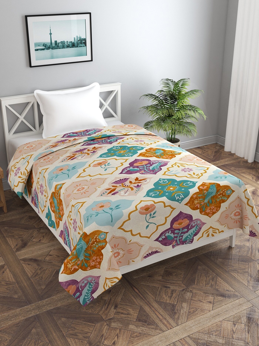 

MORADO Maroon & Orange Floral- Printed Double Queen Duvet Cover, Beige