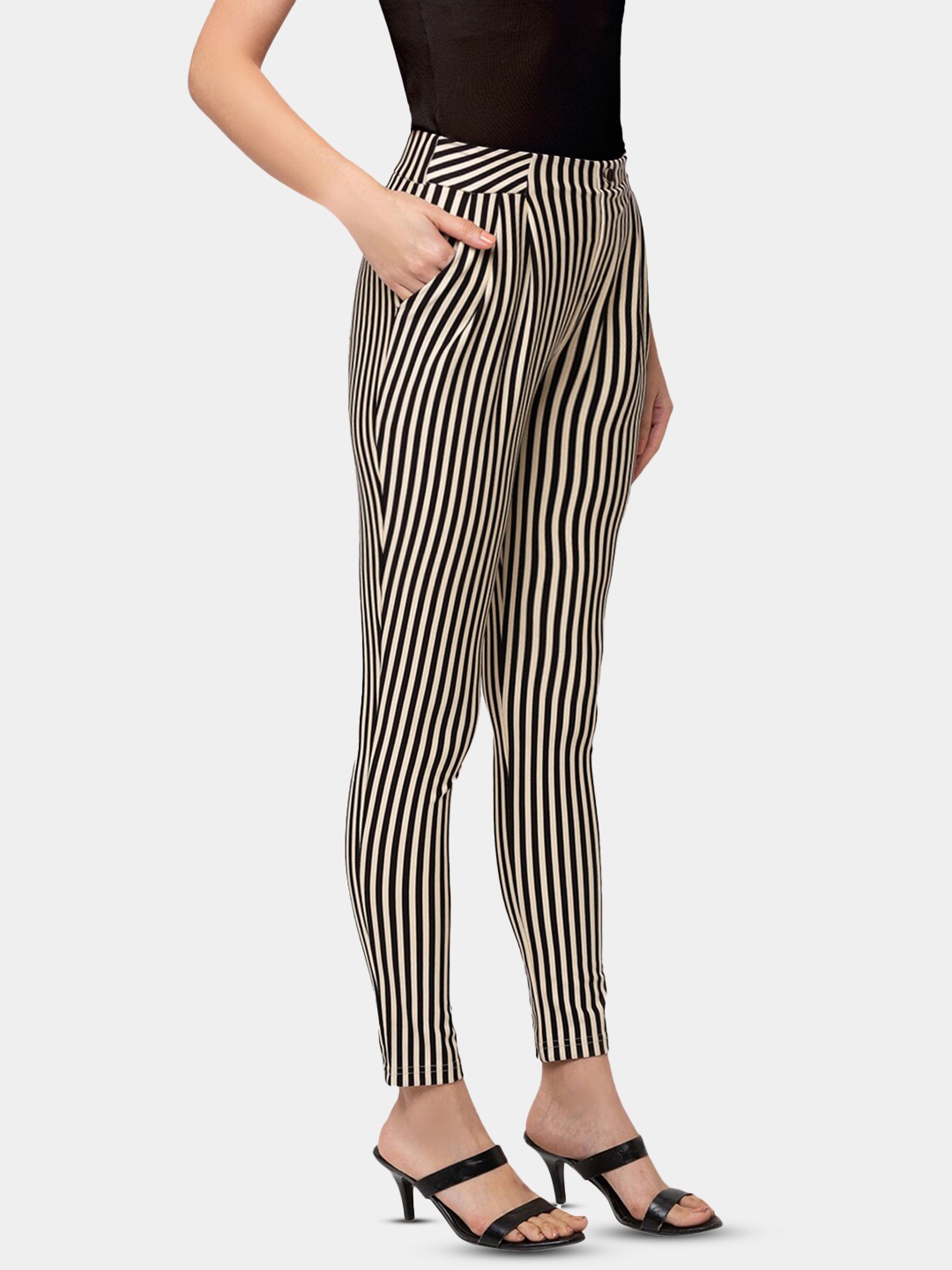 

SHECZZAR Women Beige & Black Slim Fit Striped Jeggings