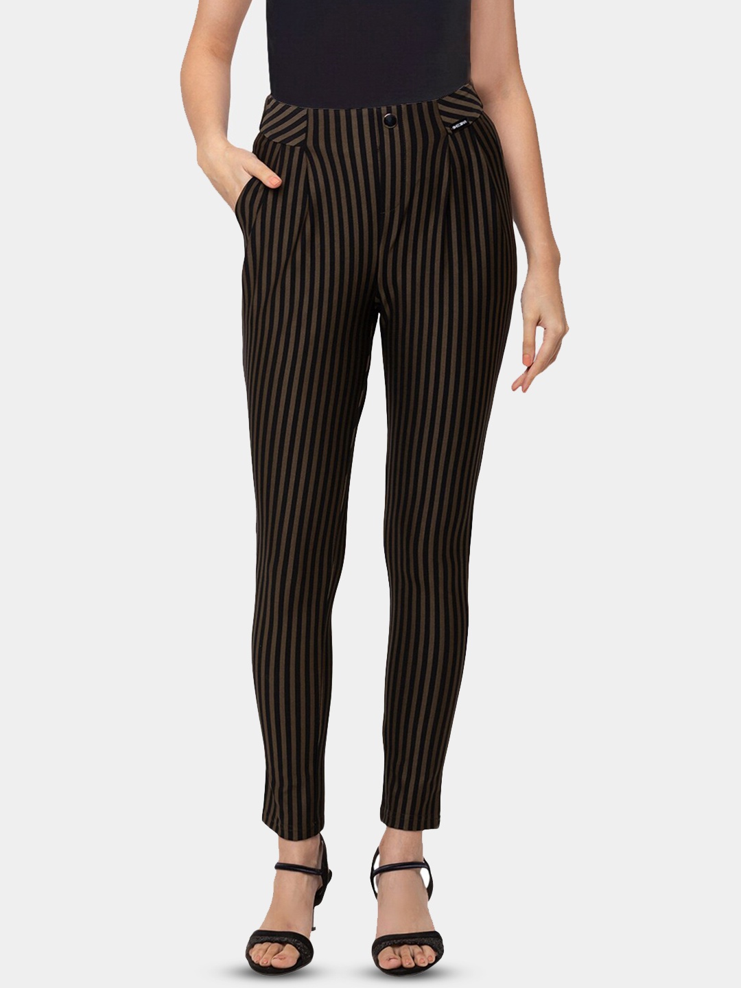 

SHECZZAR Women Olive & Black Slim Fit Striped Jeggings