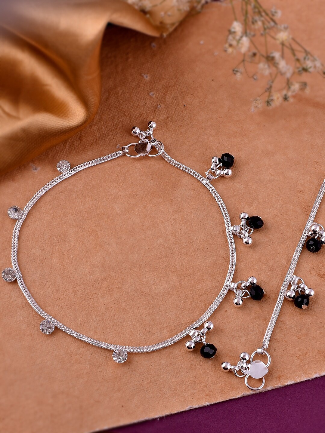 

Silvermerc Designs Silver-Plated Stone-Studded With Ghungroo Charms Anklets