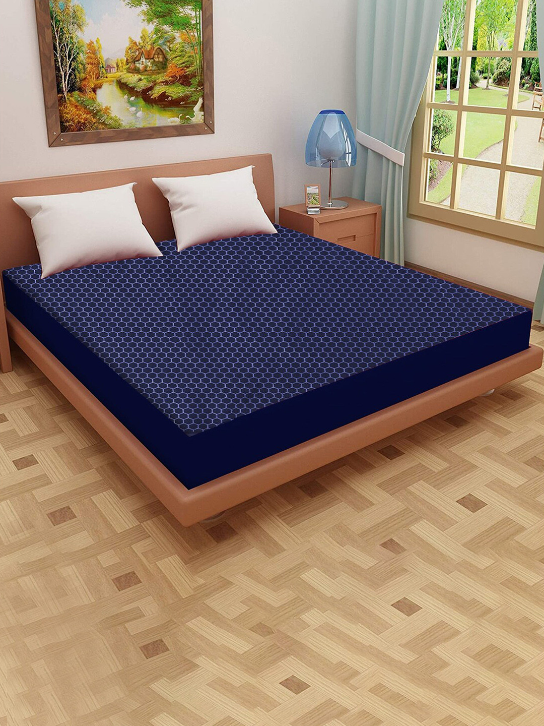 

Adbeni Blue Self Design 200 GSM Jacquard Cotton Smooth Waterproof Mattress Protector, Navy blue
