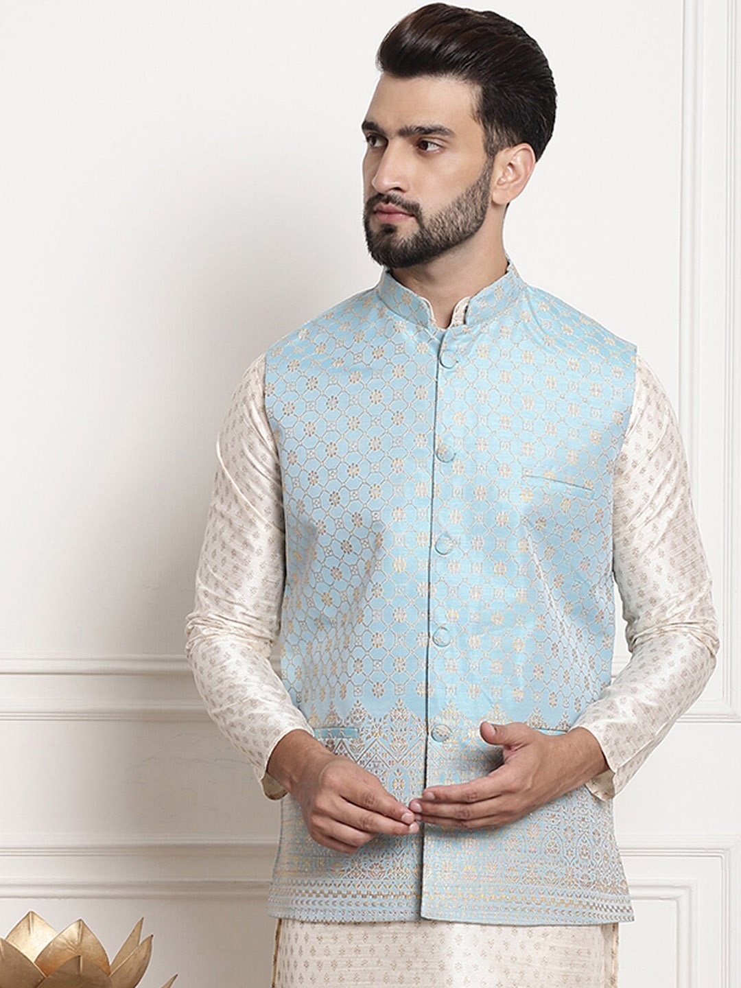 

SOJANYA Ethnic Motifs Mandarin Collar Woven Design Nehru Jackets, Blue