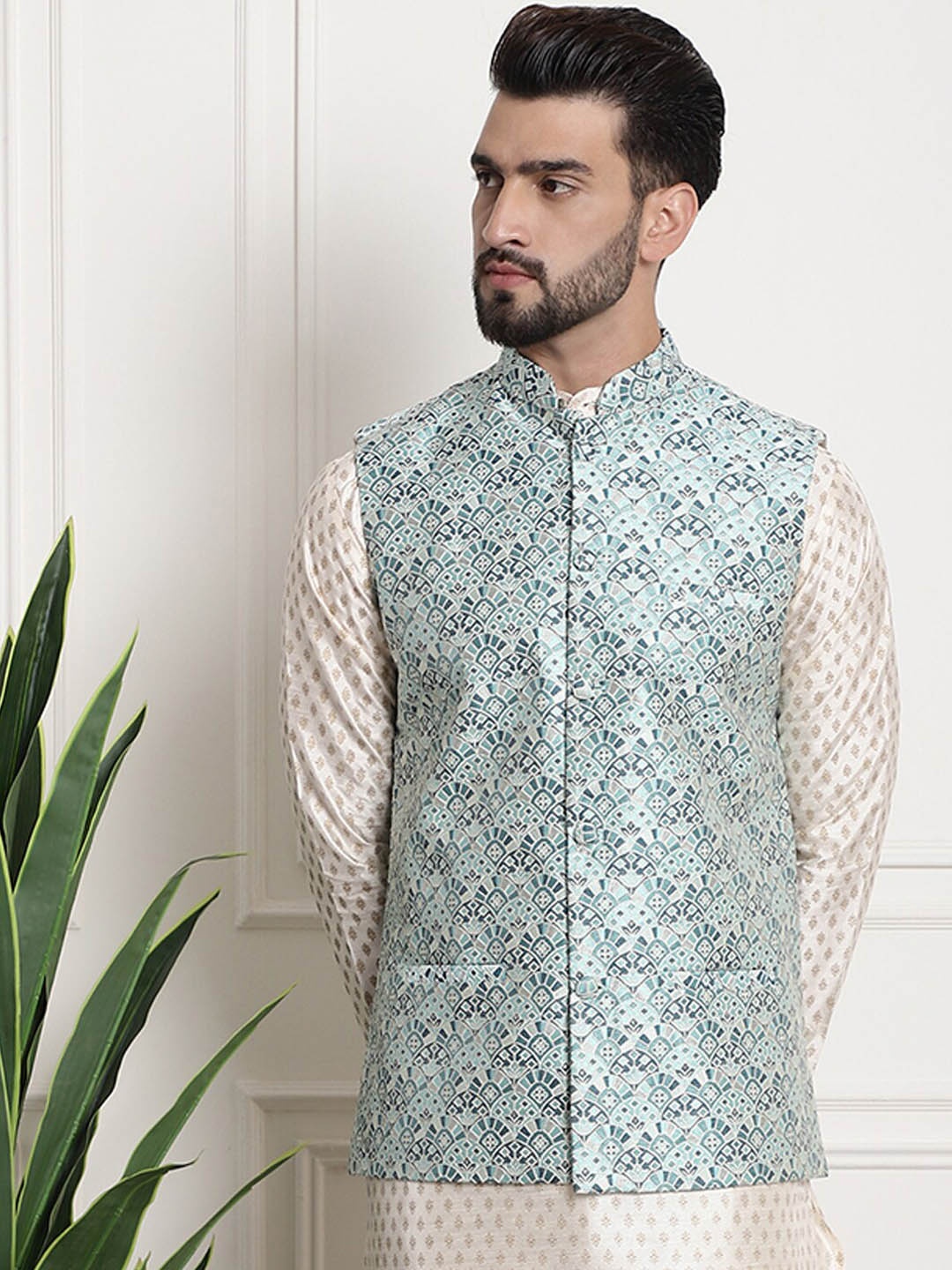 SOJANYA Ethnic Motifs Woven Design Nehru Jackets, Green