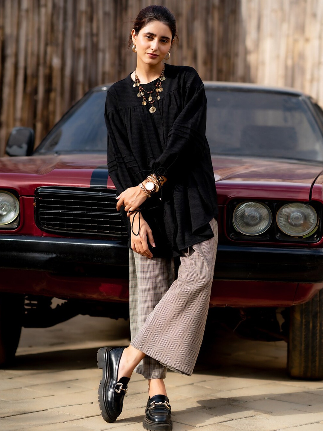 

Ambraee Ribbed Puff Sleeves Shirt Style Satin Top, Black