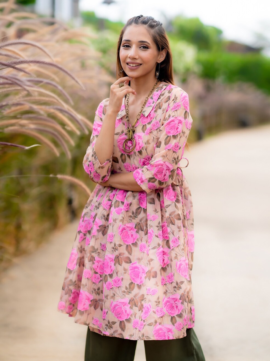 

Ambraee Floral Printed Linen Shirt Collar A-Line Top, Beige