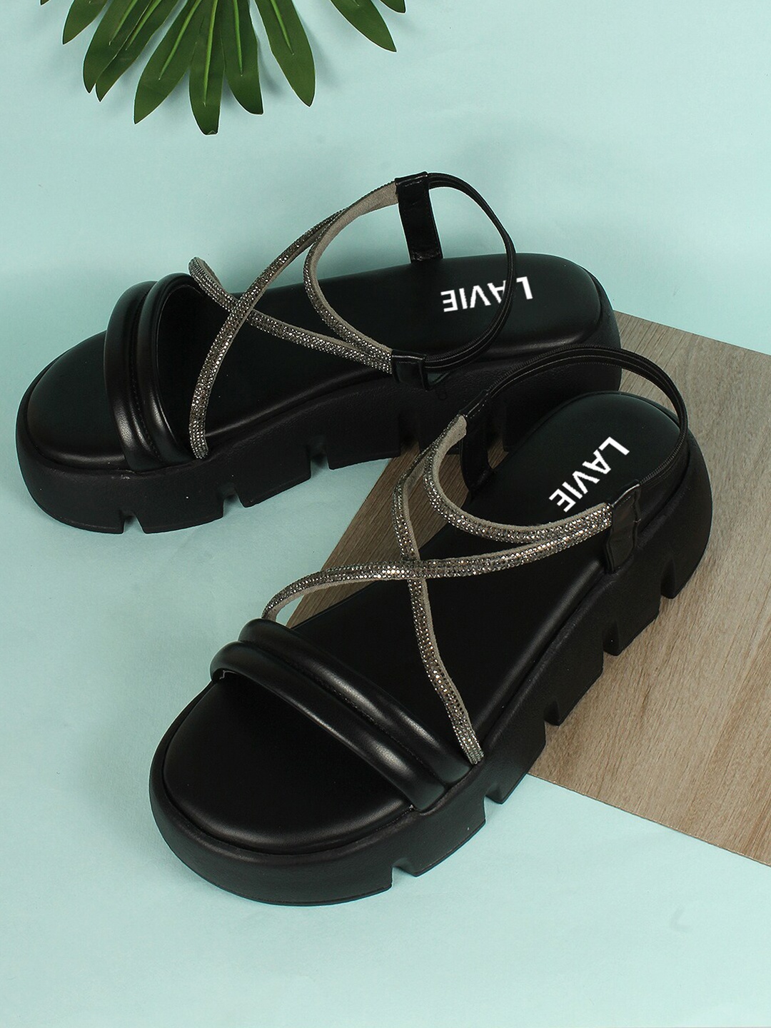 

Lavie Embellished Open Toe Flatform Heels With Backstrap, Black