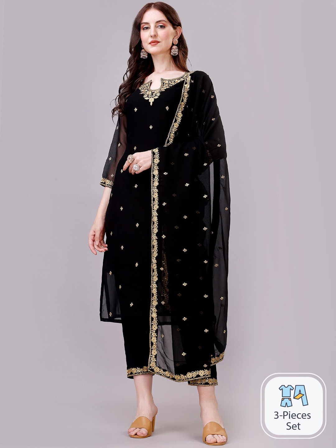 

GORGONE Ethnic Motifs Embroidered Sequinned Detail Straight Kurta & Trousers With Dupatta, Black
