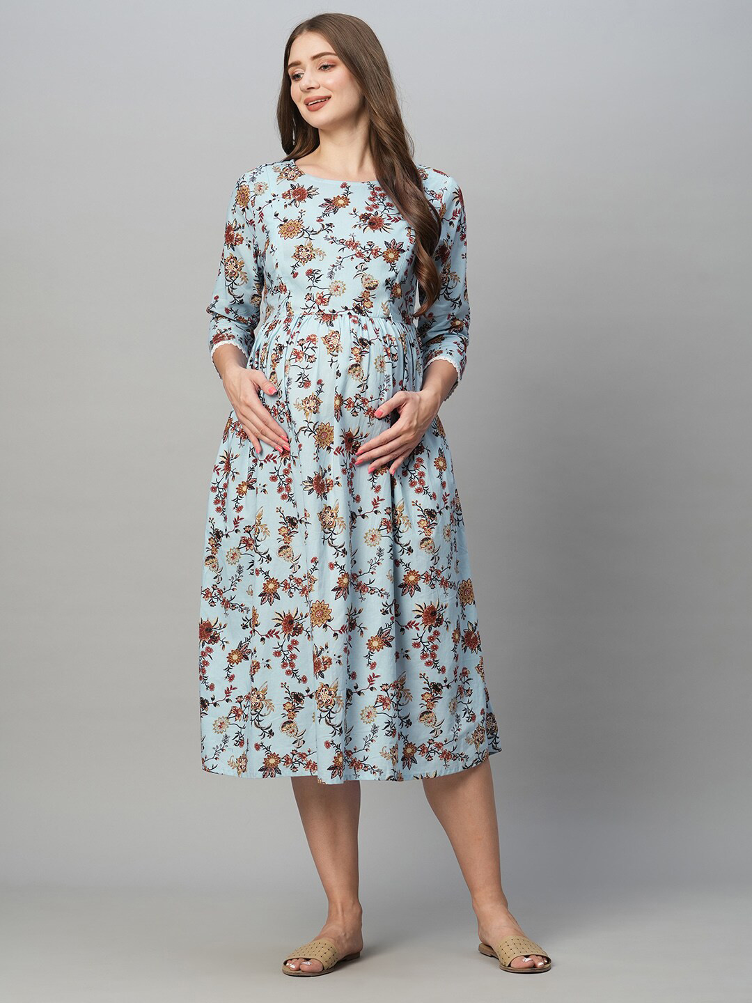 

MomToBe Floral Printed Cotton Fit & Flare Midi Maternity Dress, Blue