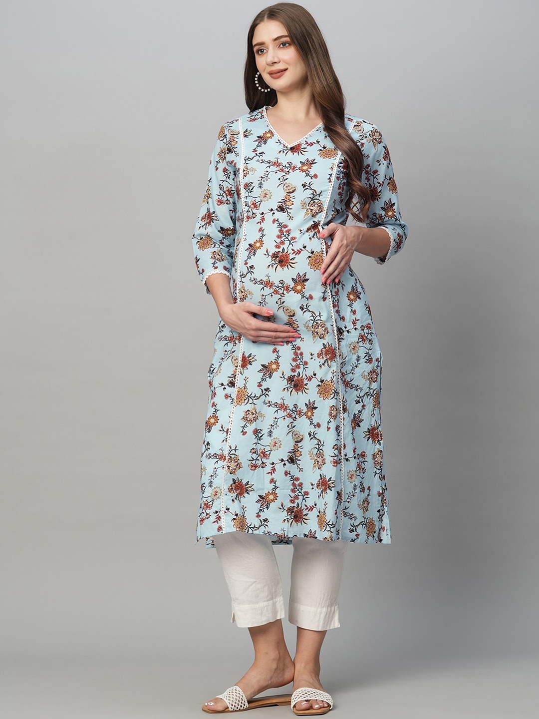 

MomToBe Floral Printed Maternity Kurta, Blue