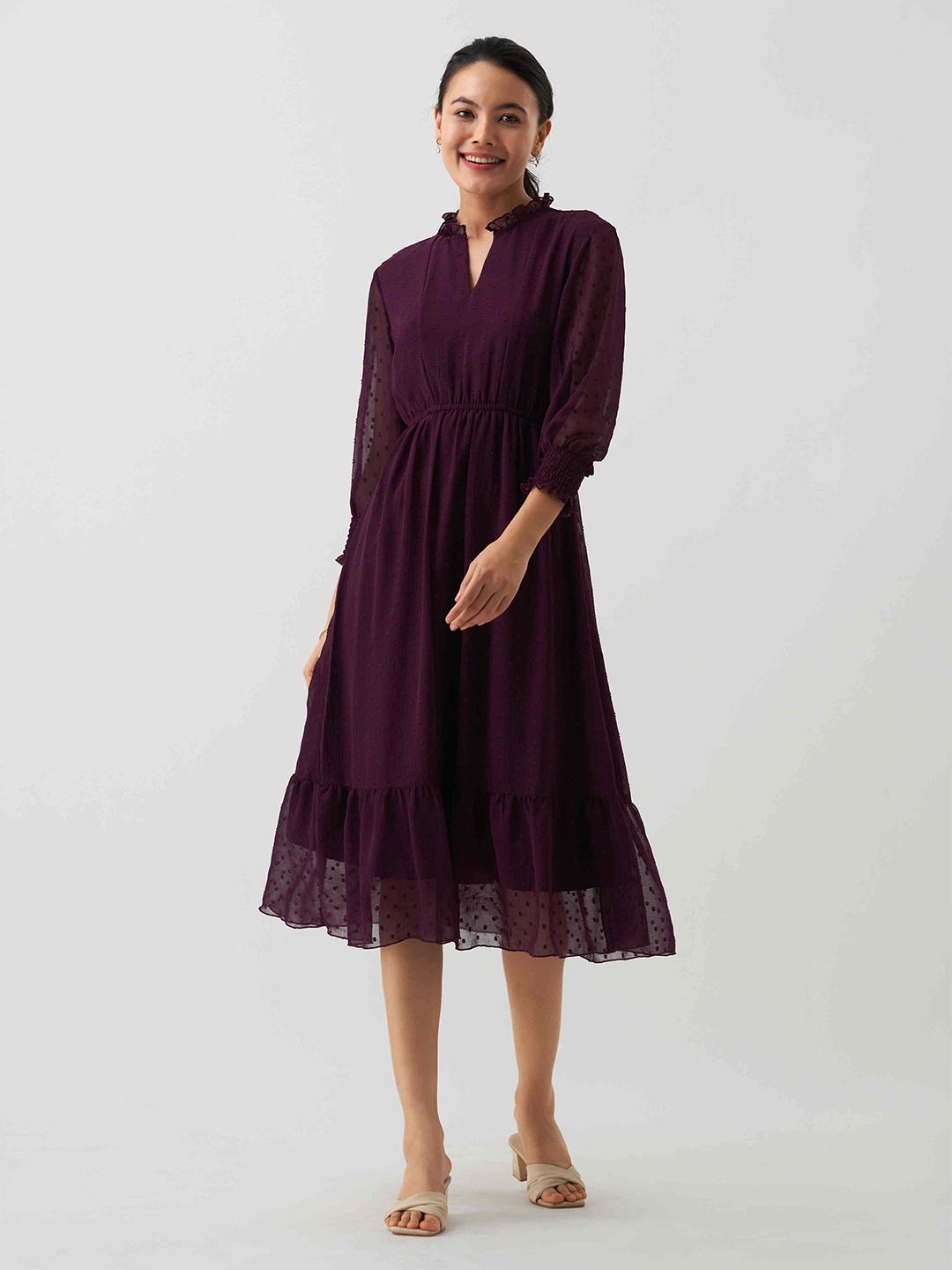 

AASK Geometric Self Design Mandarin Collar Puff Sleeves Fit & Flare Midi Dress, Purple