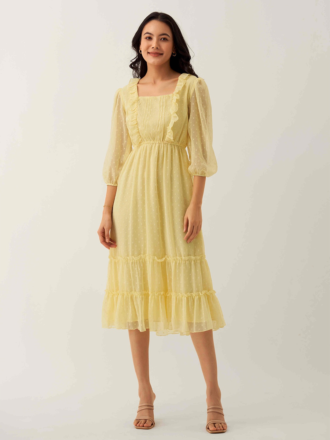 

AASK Self Design Square neck Puff Sleeves Gathered or Pleated Fit & Flare Midi Dress, Lime green