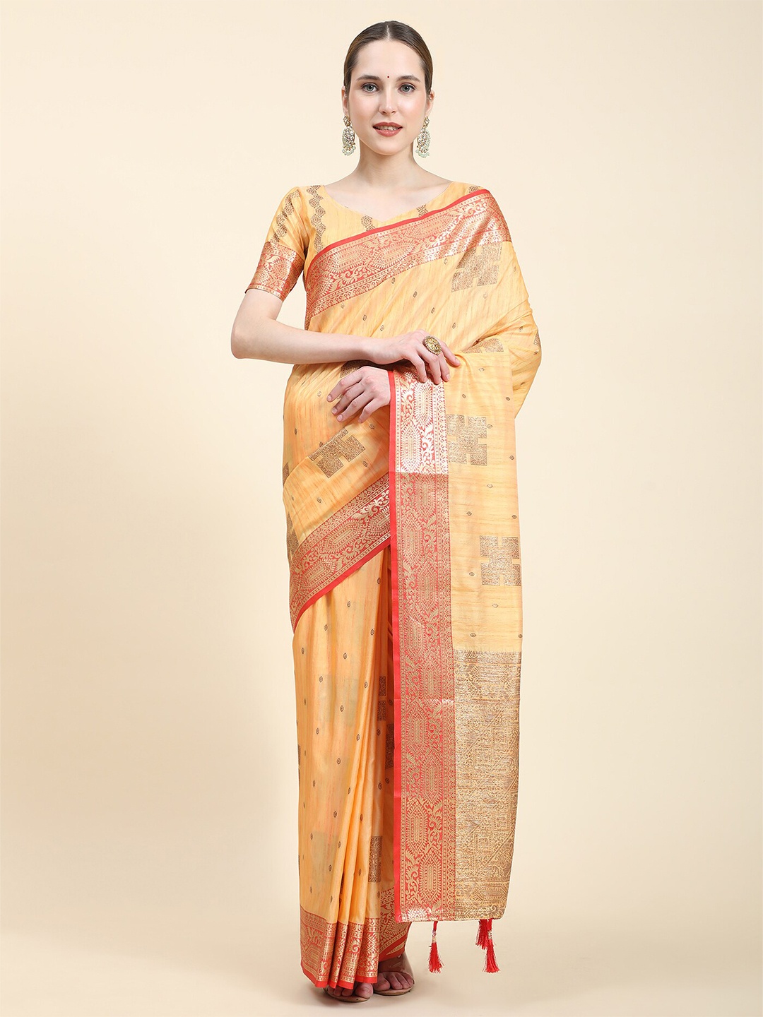 

MARGI DESIGNERS Woven Design Zari Art Silk Kanjeevaram Saree, Yellow