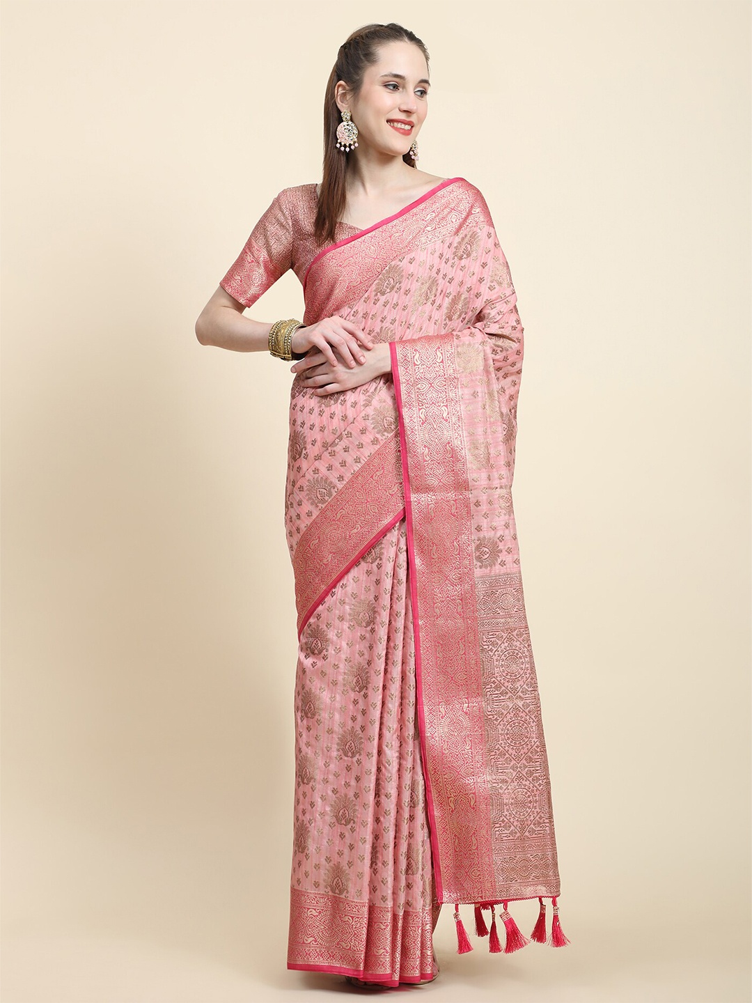 

MARGI DESIGNERS Ethnic Motifs Woven Design Zari Kanjeevaram Saree, Pink