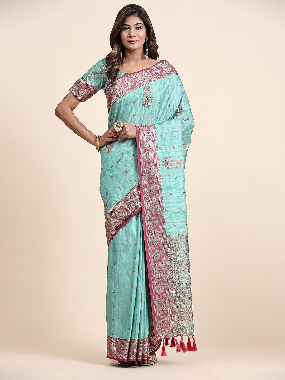 

MARGI DESIGNERS Woven Design Zari Art Silk Kanjeevaram Saree, Turquoise blue