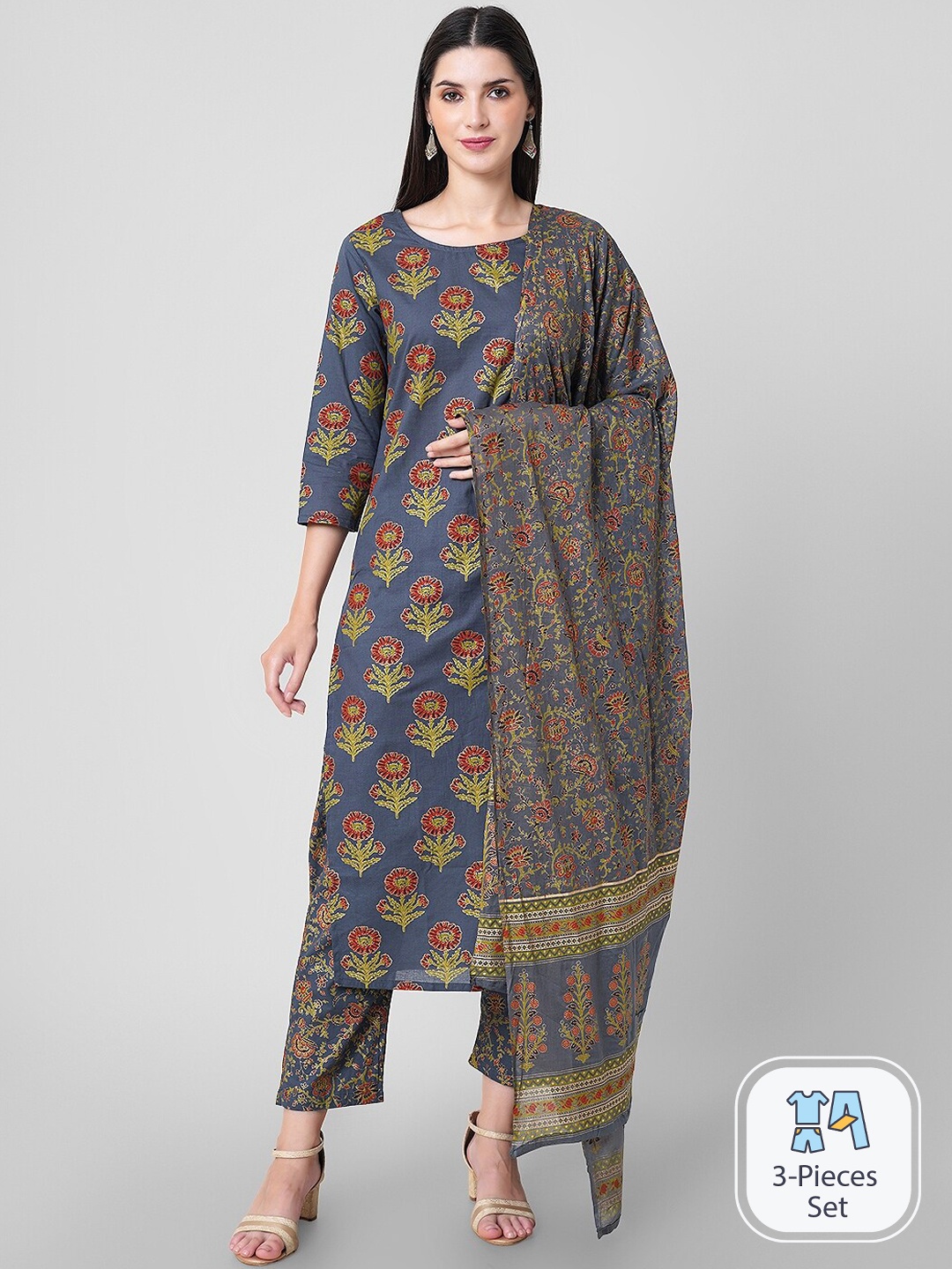 

Arayna Floral Printed Pure Cotton Kurta With Trousers & Dupatta, Grey