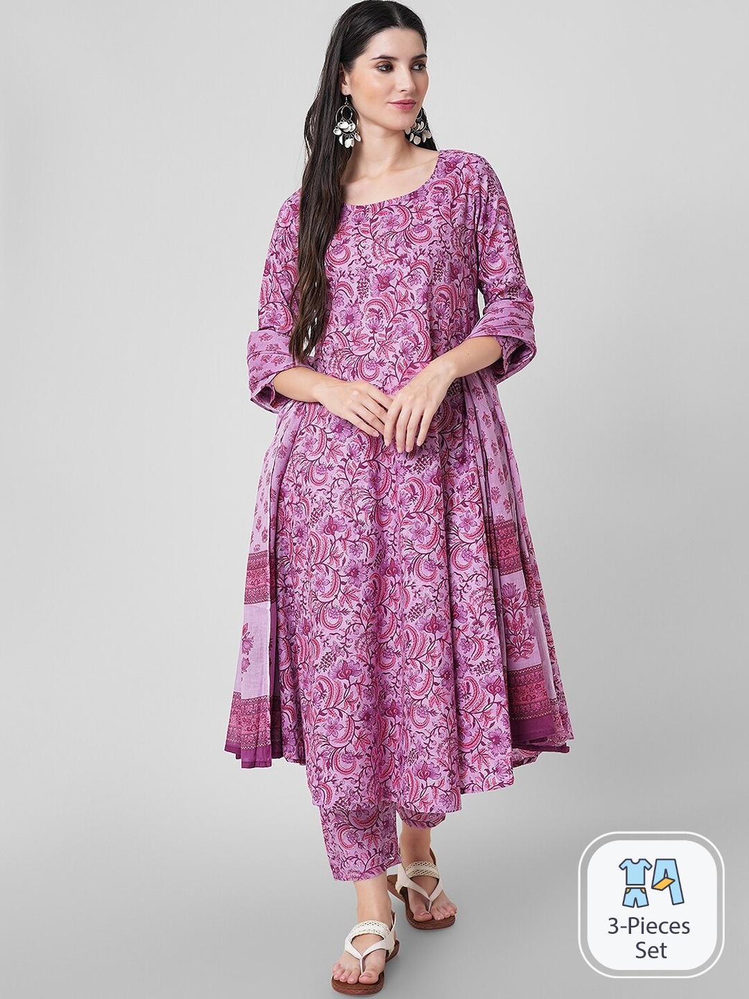 

Arayna Floral Printed Pure Cotton A-Line Kurta & Trousers With Dupatta, Pink