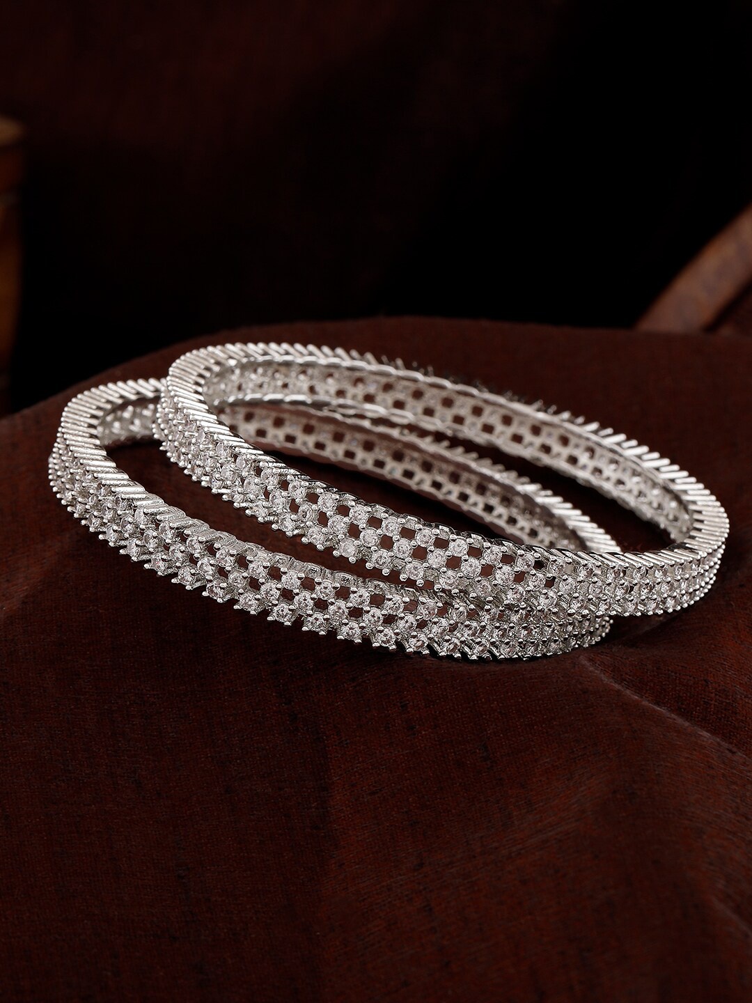 

Estele Set Of 2 Rhodium-Plated AD-Studded Bangles, Silver