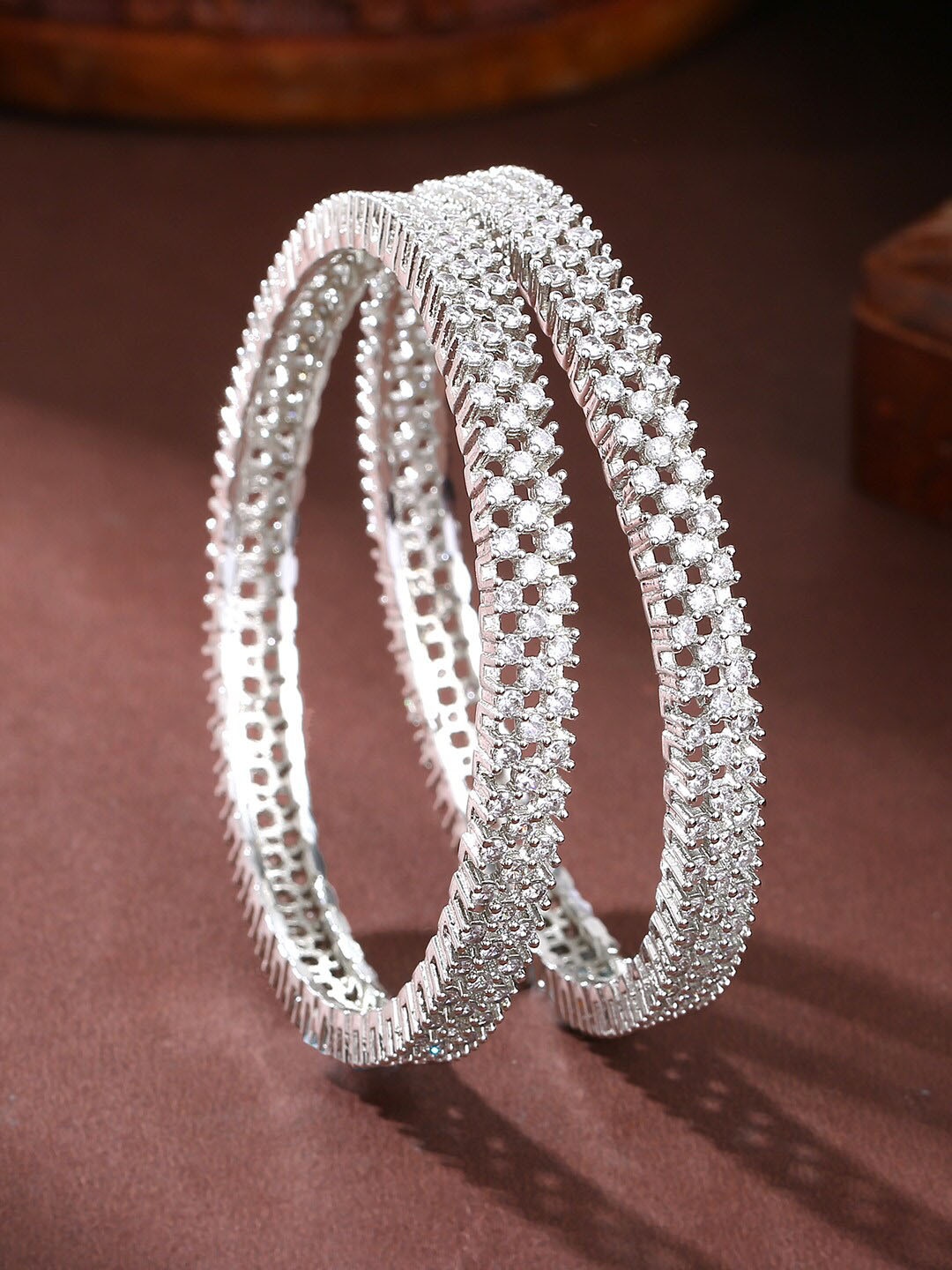 

Estele Set Of 2 Rhodium-Plated American Diamond-Studded Bangles, Silver