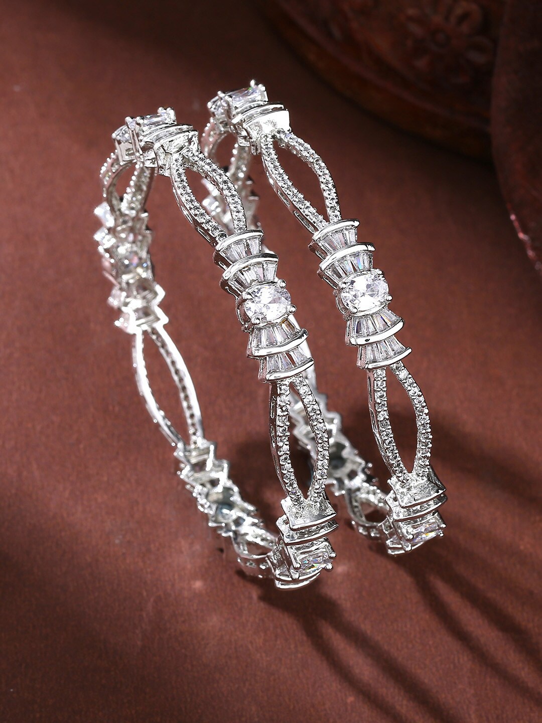 

Estele Set Of 2 Rhodium-Plated AD-Studded Bangles, Silver